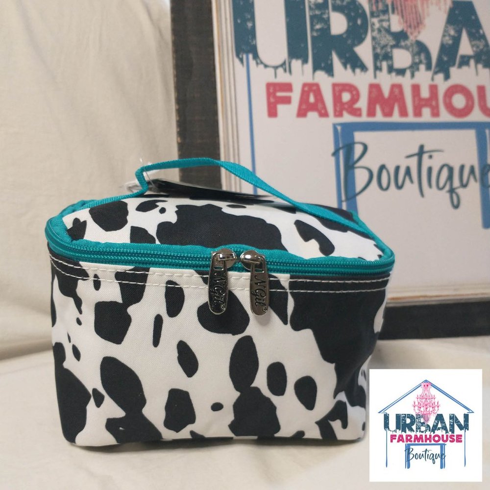 🚜🍒 Cow Print Teal Small Cosmetic Bag